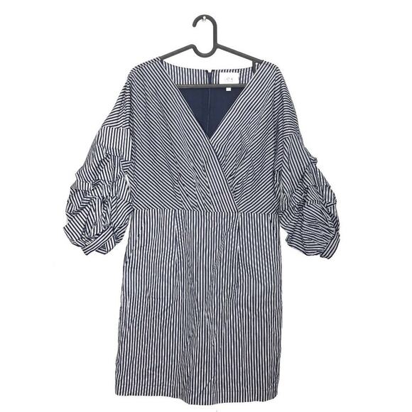 JOA Navy Stripe Balloon Sleeve Mini Sheath Dress L - Picture 1 of 12